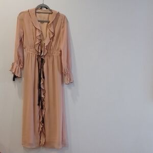 Zara Blush Pink Long-Sleeve Ruffle-Trim Maxi Dress